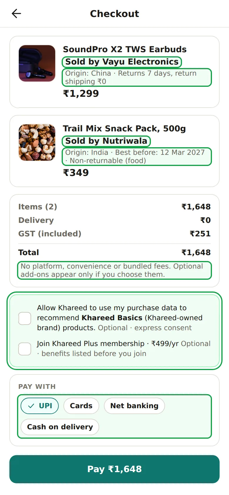 Compliant checkout: items, delivery and tax only; consent for private-label recommendations unticked and optional; payment methods listed