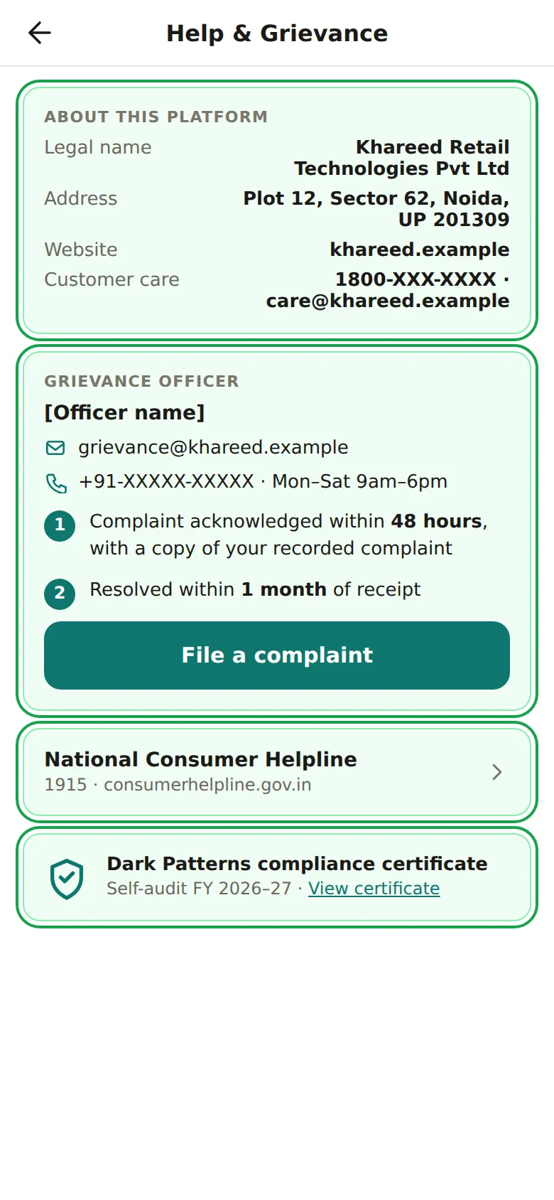 Compliant help page: legal name and address, named grievance officer with email and phone, 48-hour and one-month commitments, National Consumer Helpline 1915, dark-pattern compliance certificate