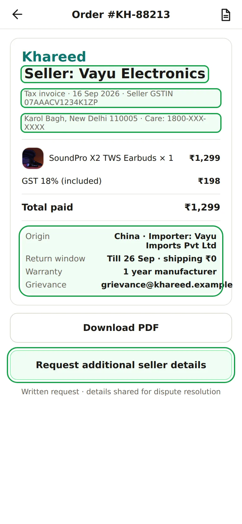 Compliant invoice: platform and seller names at the same size, seller GSTIN and address, return window, warranty and grievance contact, request additional seller details button
