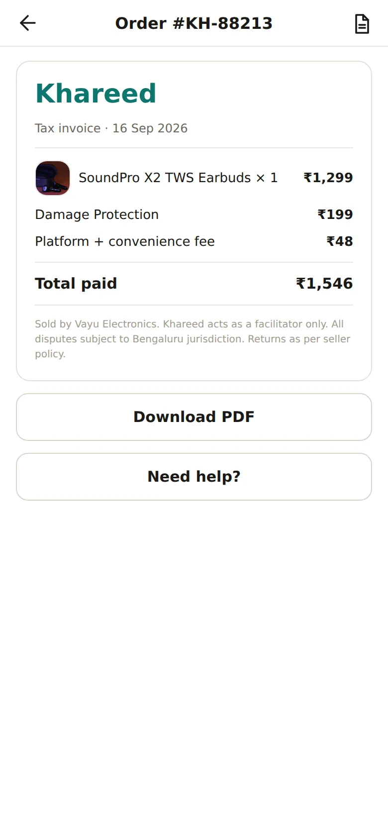 Invoice under the 2020 rules: platform name large, seller name in small grey text at the bottom, bundled fees on the bill