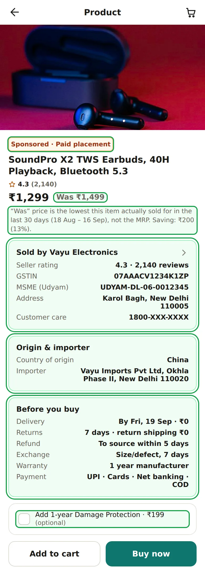 Compliant product page: seller card with GSTIN, MSME, address and customer care; origin and importer block; before-you-buy list