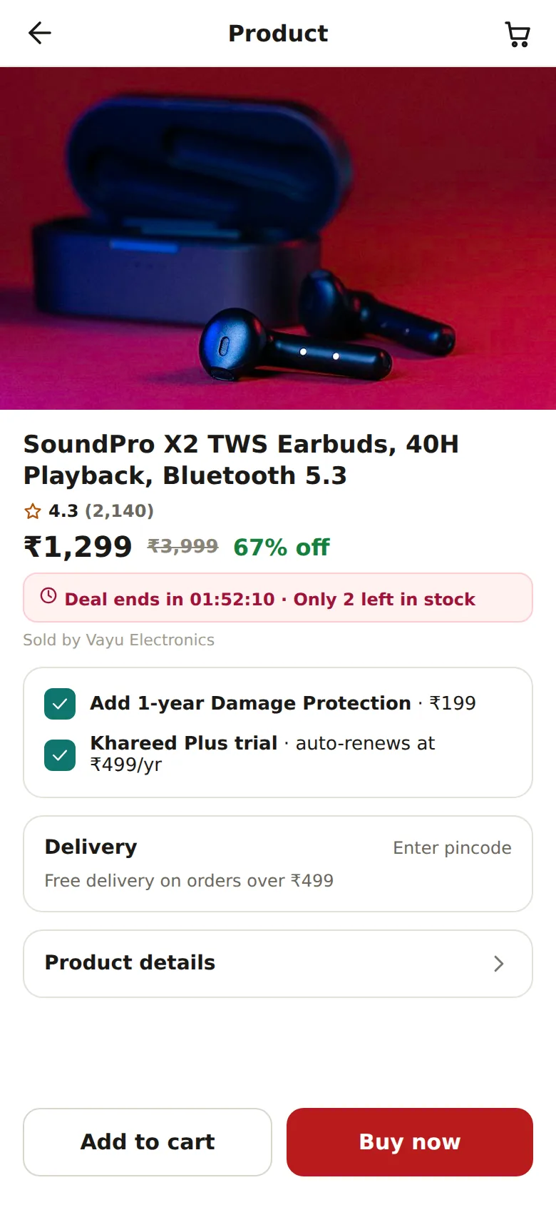 Product page under the 2020 rules: seller in fine print, pre-ticked add-ons, deal timer, details behind a chevron