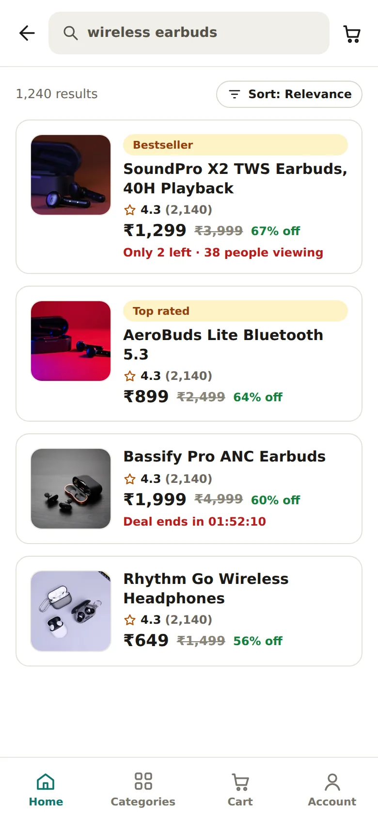 Search results under the 2020 rules: MRP strike-through, 67% off, only 2 left banner, unlabelled sponsored slot
